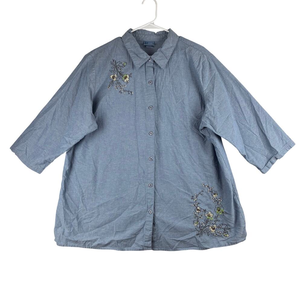 Classic Elements 1/2 Sleeve Button Up Blouse Women's 20-22W/3X Chambray Floral